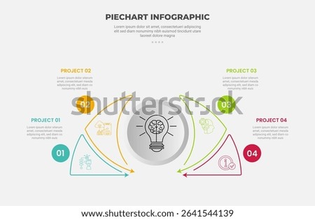 pie chart infographic outline style with 4 point template with half circle and sharp slice on circle for slide presentation vector