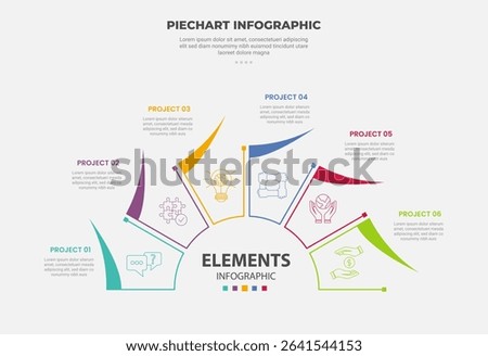 pie chart infographic outline style with 6 point template with half circle with sharp swing line circular for slide presentation vector