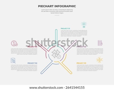 pie chart infographic outline style with 5 point template with long round line with cycle circular direction for slide presentation vector