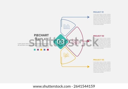 pie chart infographic outline style with 3 point template with vertical half circle with horizontal line pointer for slide presentation vector