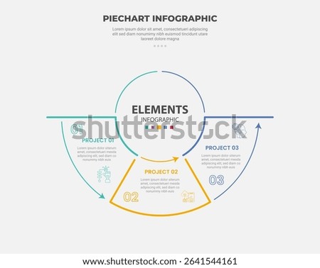 pie chart infographic outline style with 3 point template with half circle on bottom with line segment separation for slide presentation vector