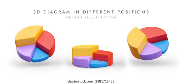 Pie chart infographic with sectors of different colors and heights. Bright vector illustrations in cartoon style. Set of vector images at different angles. Analytics, statistics, analysis