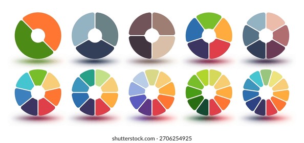 Infografía de gráfico circular. Diagrama de anillos segmentados, rosca en rodajas y rueda de color circular para la presentación de negocios, informes y visualizaciones de datos. conjunto de Plantilla de Vector.