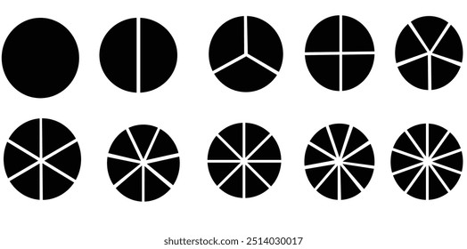 Segmentos infográficos de gráfico de pizza de um círculo com 1-10 partes Coleção de diagramas de círculo com seções ou partes. Nós segmentamos ícones circulares para infográficos, análise de dados, web design, IU ou apresentação.