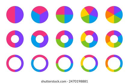 Conjunto de infografías de gráfico circular. Colección de diagrama de círculo con secciones o piezas. Iconos circulares segmentados para infografía, análisis de datos, Diseño web, interfaz de usuario o presentación. Ilustración vectorial.