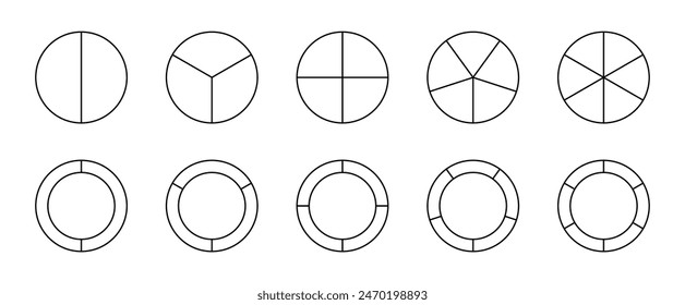 Pie chart infographic set. Circle diagram collection with sections or parts. Segmented circle icons for infographic, data analysis, web design, ui or presentation. Vector illustration.