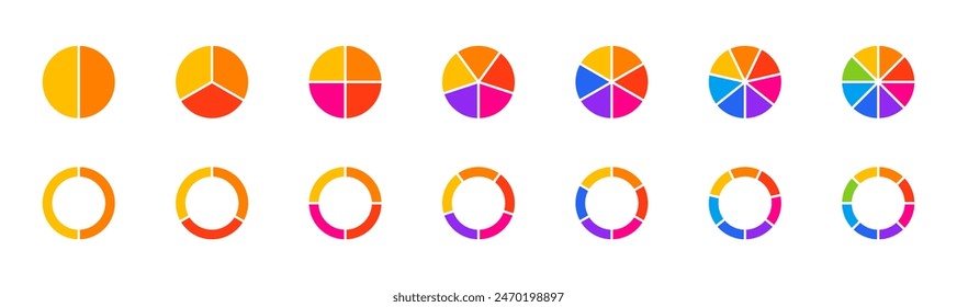 Pie chart infographic set. Circle diagram collection with sections or parts. Segmented circle icons for infographic, data analysis, web design, ui or presentation. Vector illustration.