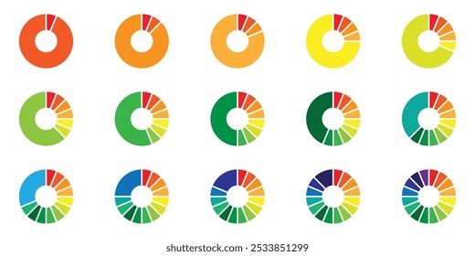 Pie chart infographic set. Circle diagram collection with sections or parts. Segmented circle icons for infographic, data analysis, web design, UI or presentation. Vector illustration. EPS 10.
