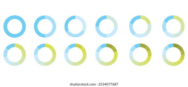 Conjunto de infografía de gráfico circular. Colección de diagrama circular con secciones o partes. Iconos de círculo segmentados para infografía, análisis de datos, Diseño web, interfaz de usuario o presentación. eps 10