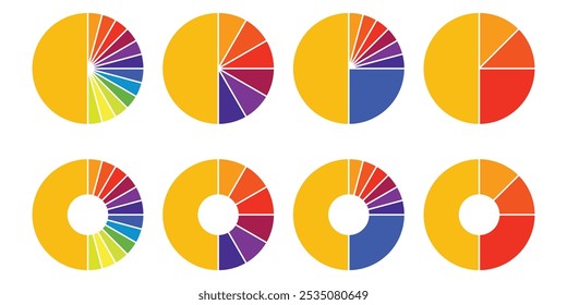 Pie chart infographic set. Circle diagram collection with sections or parts. Segmented circle icons for infographic, data analysis, web design, ui or presentation. Vector illustration.
