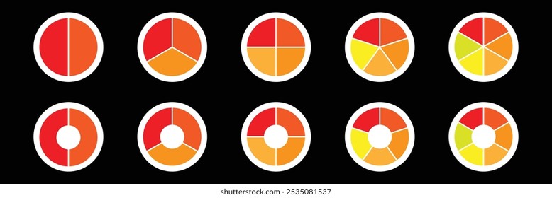 Pie chart infographic set. Circle diagram collection with sections or parts. Segmented circle icons for infographic, data analysis, web design, ui or presentation. Vector illustration.