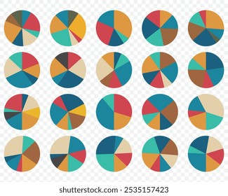 Pie chart infographic set. Circle diagram collection with sections or parts. Segmented circle icons for infographic, data analysis, web design, ui or presentation. Vector illustration. EPS 10.