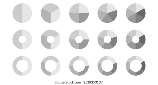 Pie chart infographic set. Circle diagram collection with sections or parts. Segmented circle icons for infographic, data analysis, web design, ui or presentation. Vector illustration.