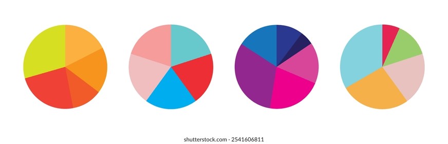 Conjunto de infográficos do gráfico de pizza. Coleção de diagramas de círculo com seções ou partes. Ícones de círculo segmentado para infográfico, análise de dados, web design, ui ou apresentação. Ilustração vetorial.