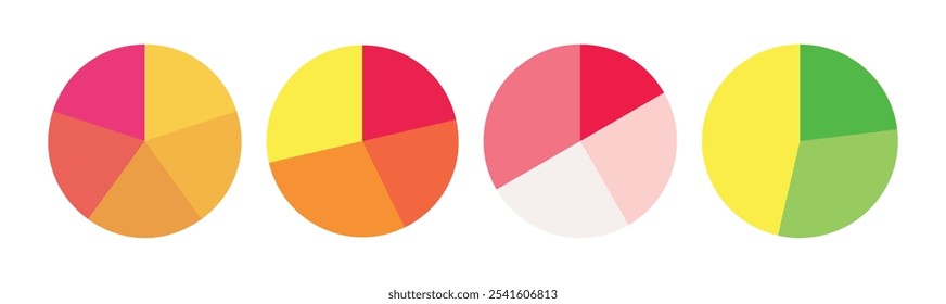 Pie chart infographic set. Circle diagram collection with sections or parts. Segmented circle icons for infographic, data analysis, web design, ui or presentation. Vector illustration.