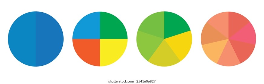 Pie chart infographic set. Circle diagram collection with sections or parts. Segmented circle icons for infographic, data analysis, web design, ui or presentation. Vector illustration.