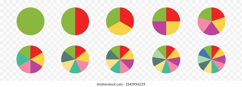 Conjunto de infográficos do gráfico de pizza. Coleção de diagramas de círculo com seções ou partes. Ícones de círculo segmentado para infográfico, análise de dados, web design, ui ou apresentação. Ilustração vetorial.