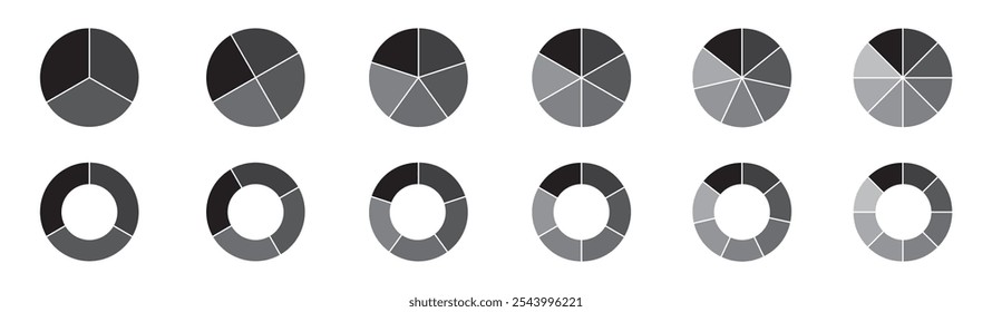 Infografik-Set für Kreisdiagramme. Kreisdiagrammsammlung mit Abschnitten oder Teilen. Segmentierte Kreissymbole für Infografik, Datenanalyse, Webdesign, UI oder Präsentation. Vektorgrafik.
