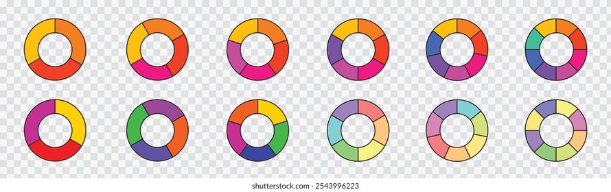 Conjunto de infográficos do gráfico de pizza. Coleção de diagramas de círculo com seções ou partes. Ícones de círculo segmentado para infográfico, análise de dados, web design, ui ou apresentação. Ilustração vetorial.