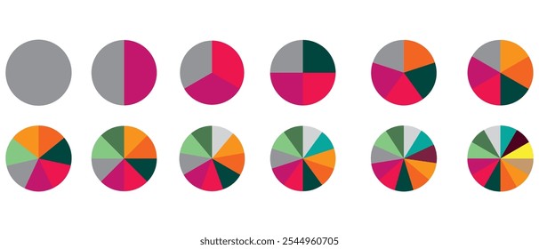 Pie chart infographic set. Circle diagram collection with sections or parts. Segmented circle icons for infographic, data analysis, web design, or presentation.  333