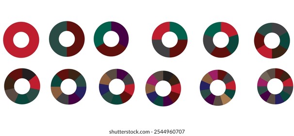 Pie chart infographic set. Circle diagram collection with sections or parts. Segmented circle icons for infographic, data analysis, web design, or presentation.  333