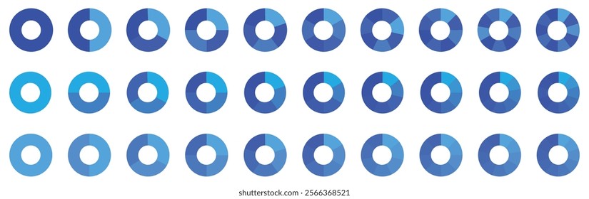 Pie chart infographic set. Circle diagram collection with sections or parts. Vector illustration. Segmented circle icons for infographic, data analysis, web design, ui or presentation.