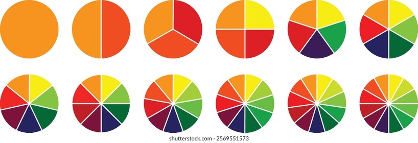 Pie chart infographic set. Circle diagram collection with sections or parts. Colorful pie chart set. Segmented circle icons for infographic, data analysis, web design, ui or presentation