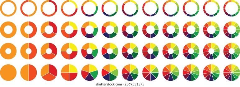 Pie chart infographic set. Circle diagram collection with sections or parts. Colorful pie chart set. Segmented circle icons for infographic, data analysis, web design, ui or presentation