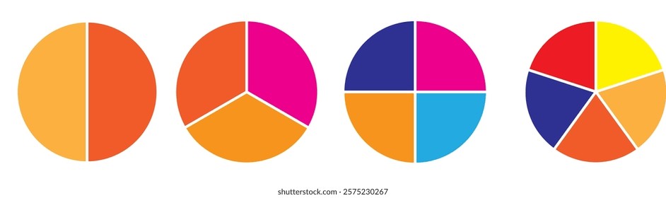 Pie chart infographic set. Circle diagram collection with sections or parts. Segmented circle icons for infographic, data analysis, web design, ui or presentation. Vector illustration.