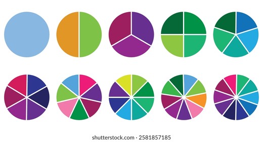 Pie chart infographic set. Circle diagram collection or 1,2,3,4,5,6,7,8,9,10, parts. Segmented circle icons for infographic, data analysis, web design, ui or presentation. Vector illustration.