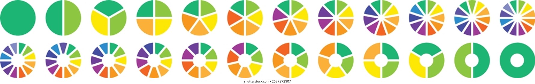 Pie chart infographic set. Circle division infographic icon set. Circle diagram collection with sections or parts. Segmented circle icons, circle diagram. Infographic element round shape