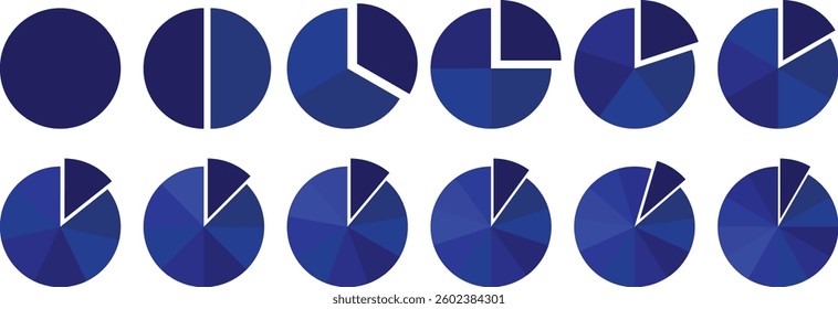 Pie chart infographic set. Circle diagram collection with sections or parts. Circle pie chart diagram. 2,3,4,5,6,7,8,9,10,11,12 sections or steps. Pie infographic chart set
