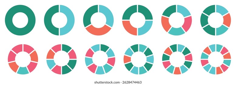 Infografik-Set für Kreisdiagramme. Kreisdiagrammsammlung mit Abschnitten oder Teilen. Segmentierte Kreissymbole für Infografik, Datenanalyse, Webdesign, UI oder Präsentation. Vektor-eps 10