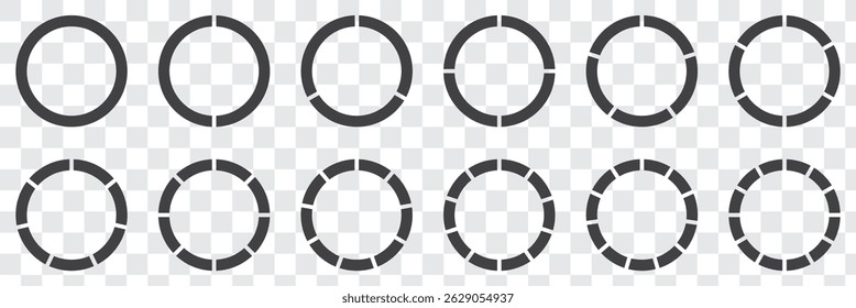 Pie chart infographic set. Circle diagram collection with sections or parts. Circle icons for infographic, UI, web design, business presentation. on transparent background eps 10