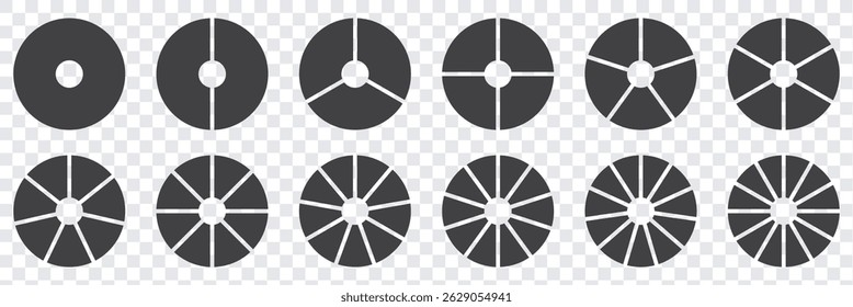 Pie chart infographic set. Circle diagram collection with sections or parts. Circle icons for infographic, UI, web design, business presentation. on transparent background eps 10