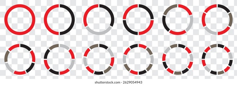 Pie chart infographic set. Circle diagram collection with sections or parts. Circle icons for infographic, UI, web design, business presentation. on transparent background eps 10