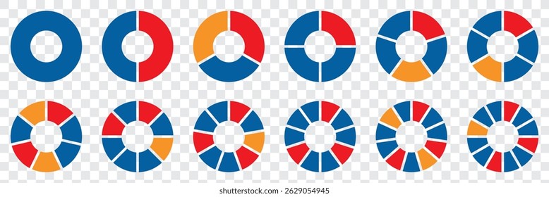 Conjunto de infográficos do gráfico de pizza. Coleção de diagramas de círculo com seções ou partes. Ícones de círculo para infográfico, IU, web design, apresentação de negócios. em fundo transparente eps 10
