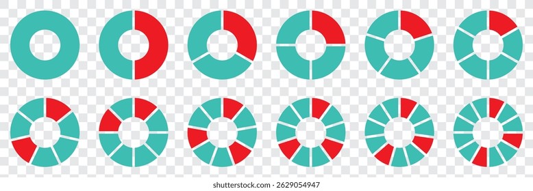 Pie chart infographic set. Circle diagram collection with sections or parts. Circle icons for infographic, UI, web design, business presentation. on transparent background eps 10