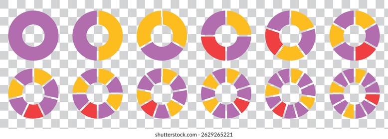 Conjunto de infografía de gráfico circular. Colección de diagrama circular con secciones o partes. Iconos de círculo segmentados para infografía, análisis de datos, Diseño web o presentación. Eps 10