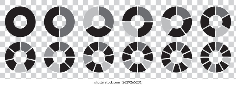 Pie chart infographic set. Circle diagram collection with sections or parts. Segmented circle icons for infographic, data analysis, web design or presentation. Eps 10