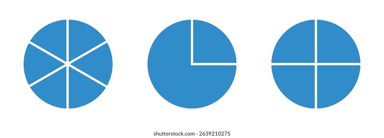 Pie chart infographic set. Circle diagram collection with sections or parts. Segmented circle icons for infographic, data analysis, web design, ui or presentation.