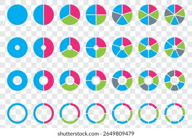 Pie chart infographic set. Circle diagram collection with sections or parts. Segmented circle icons for infographic, data analysis, web design, ui or presentation. Vector-eps 10