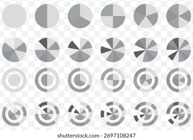 Conjunto de infográficos do gráfico de pizza. Coleção de diagramas de círculo com seções ou partes. Ícones de círculo segmentado para infográfico, análise de dados, web design, ui ou apresentação. Ilustração vetorial. EPS 10.