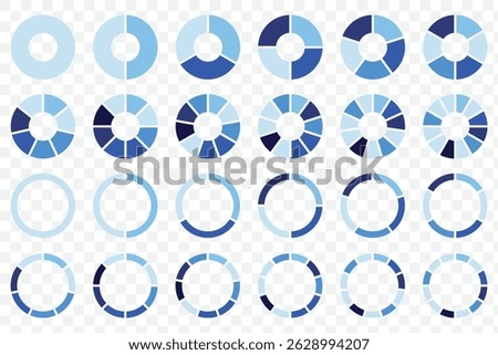 Pie chart infographic set. Circle diagram collection with sections or parts. Segmented circle icons for infographic, data analysis, web design, ui or presentation. Vector illustration. EPS 10.