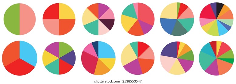 Pie chart infographic set. Segmented circle icons for infographic, data analysis, web design, ui or presentation. Vector illustration.