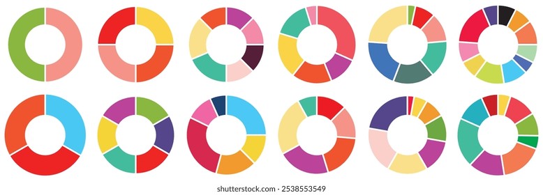 Pie chart infographic set. Segmented circle icons for infographic, data analysis, web design, ui or presentation. Vector illustration.