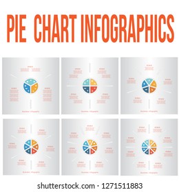 Pie chart for infographic. Set templates with text areas on 3, 4, 5, 6, 7, 8 positions, parts.