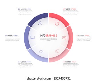 Pie chart infographic template divided by six parts. Vector illustration.