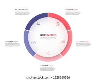 Pie chart infographic template divided by five parts. Vector illustration.