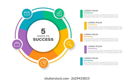 Pie chart infographic template. Five equal parts with icons and data